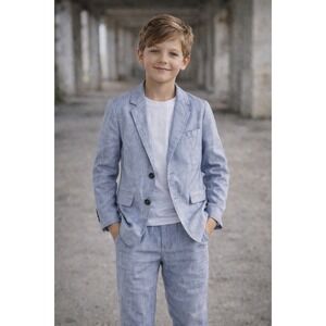 Zara Suit Set Kids Size 11/12 Blue Linen Blend Blazer Trousers Formal Wedding